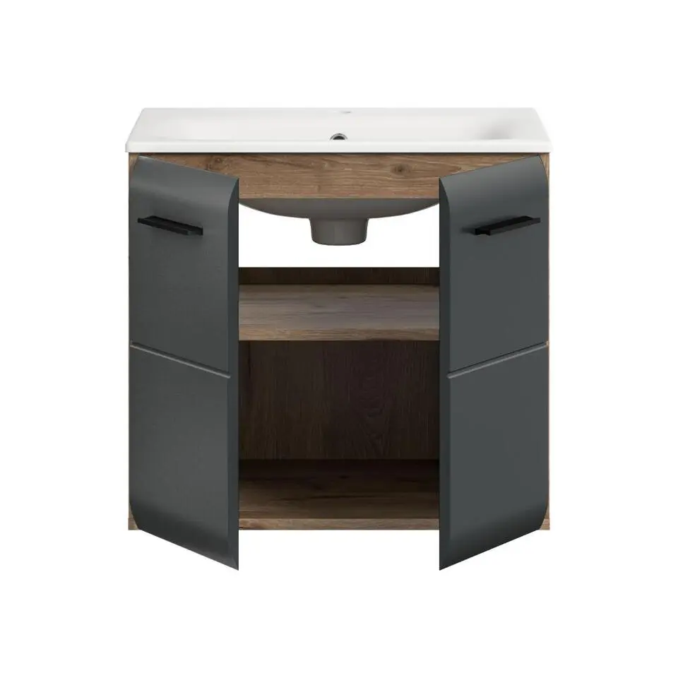 Hioshop Ice wastafel inclusief was 2 deuren zwart mat- eiken decor