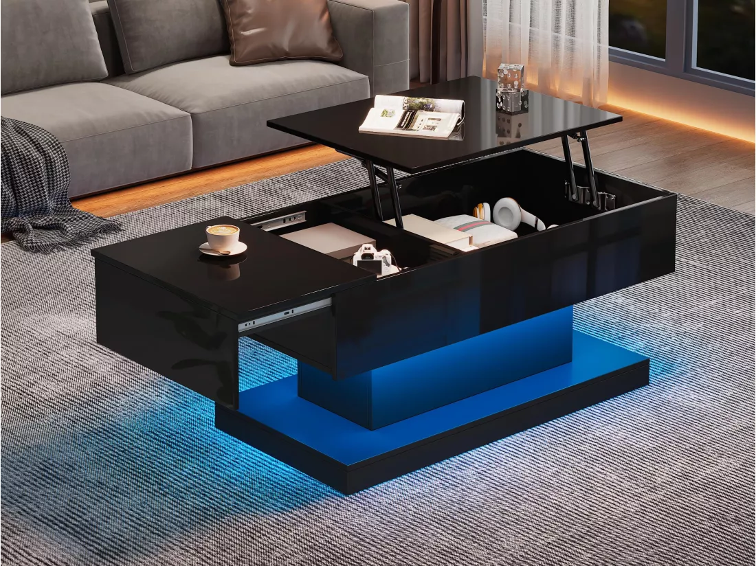 Table basse relevable avec LED - avec espace de rangement et plateau semi-relevable - Noir