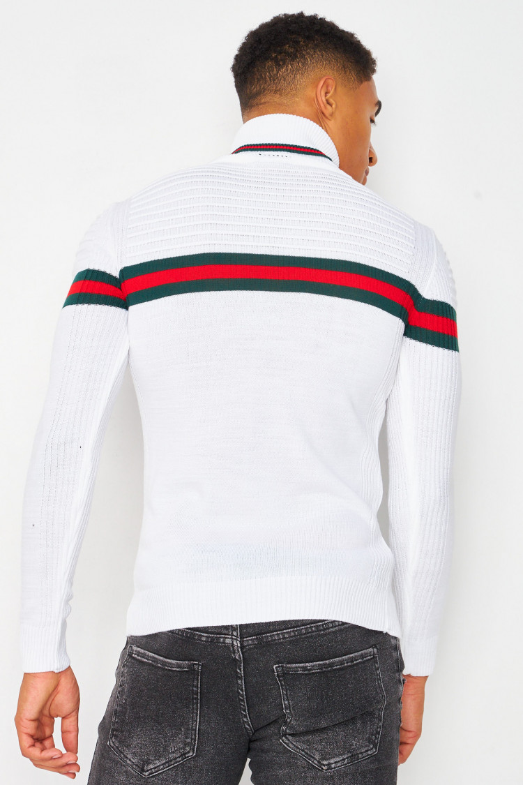 Pull blanc col roulé à bande tricolore