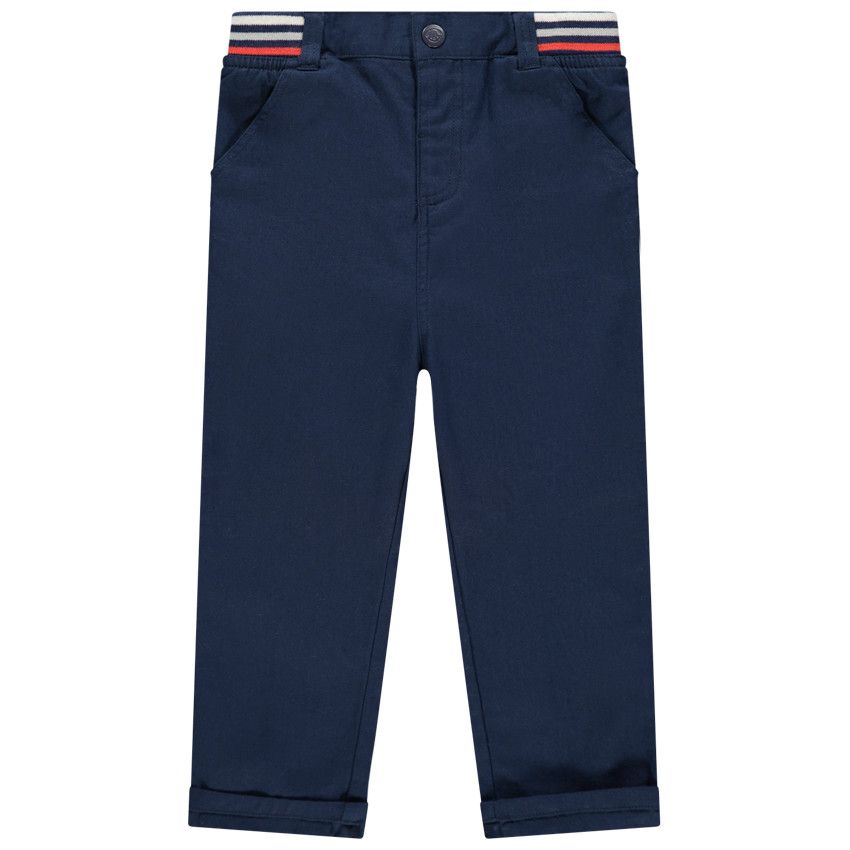 Pantalon en coton et lin à taille élastiquée rayée - Bleu marine