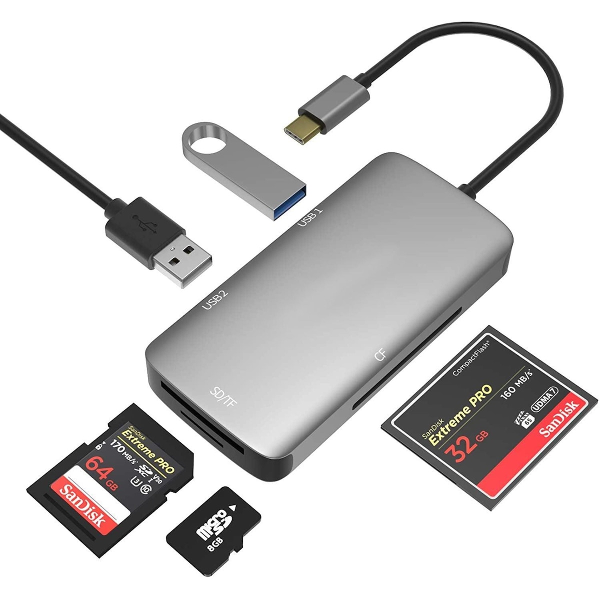 NÖRDIC 1 til 5 USB-C adapter SD / TF og CF kortleser med 2xUSB3.0 opptil 5 Gbps