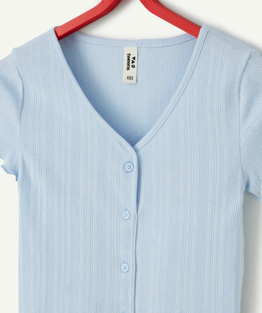 T-SHIRT TRICOT MANCHES COURTES FILLE EN COTON BIO BLEU ET CÔTELÉ