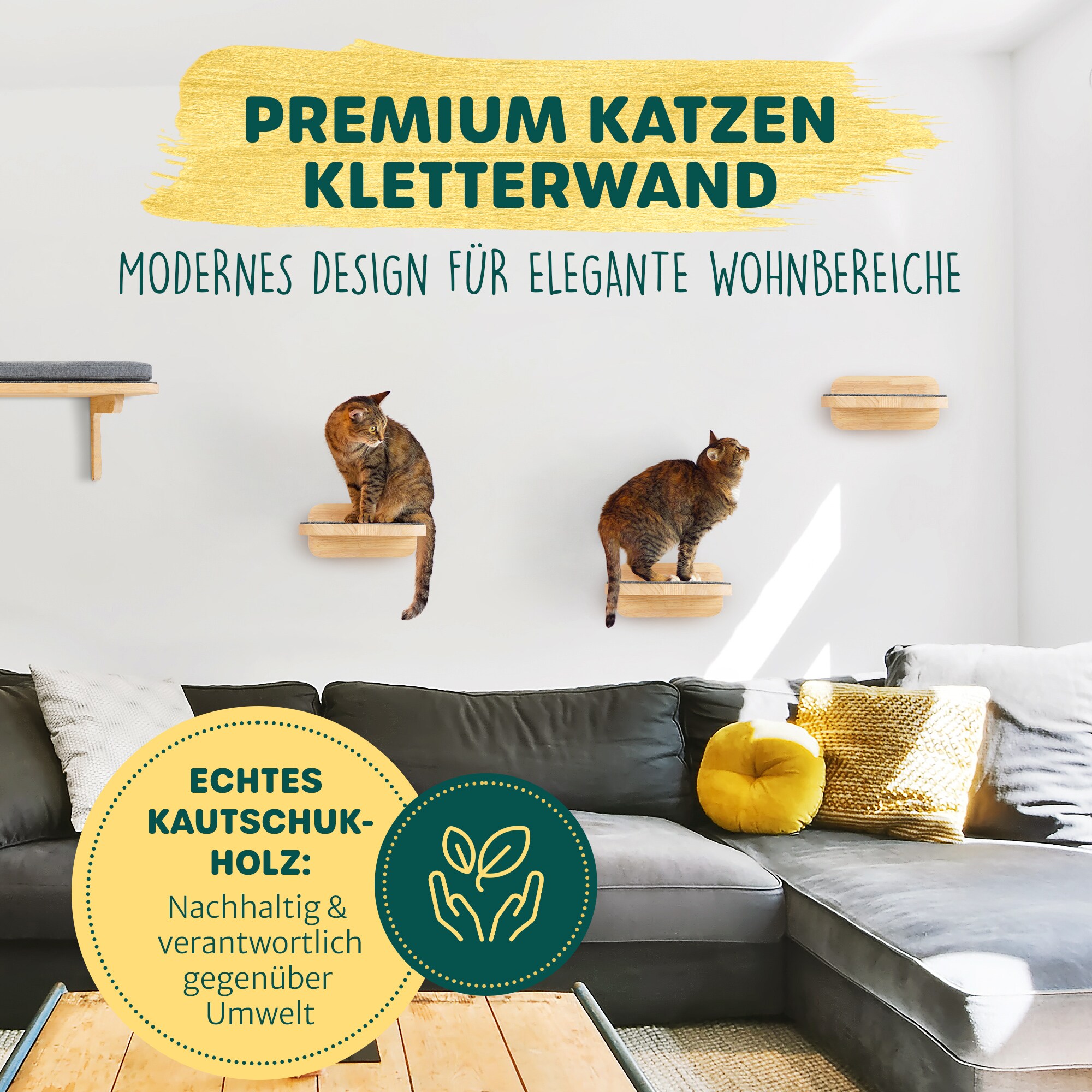 HAPPYPET Katzentreppen 3er-Set für Wandmontage - Nachhaltiges Hartholz, Designer Kletterwand Katzen, Katzentreppe mit Filzbezug, Katzenleiter, Katzenwand zum Klettern, Catwalk | Natur3x Stufen L
