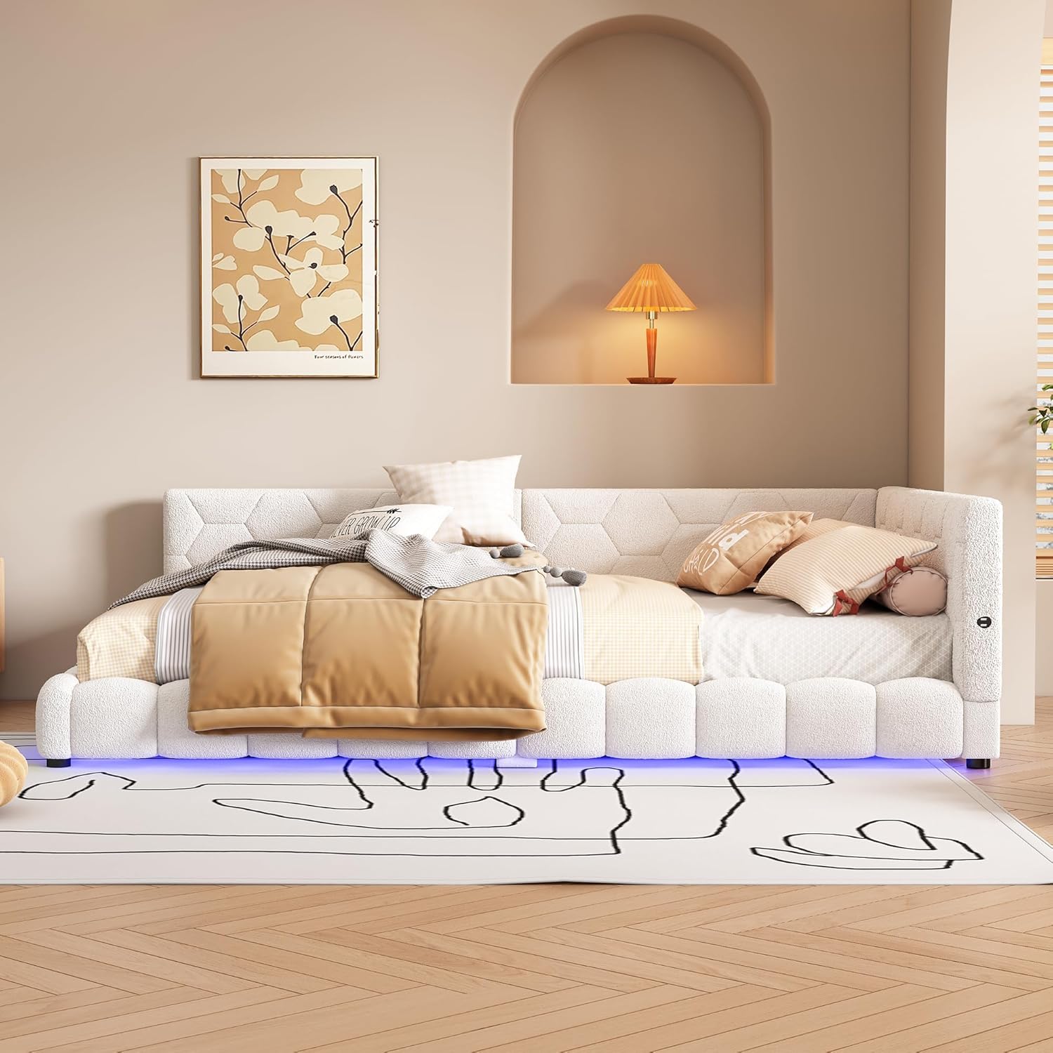 Merax 140x200cm Schlafsofa mit 16 Farben Umgebungslicht, USB-Anschluss - Weiß (ohne Matratze)