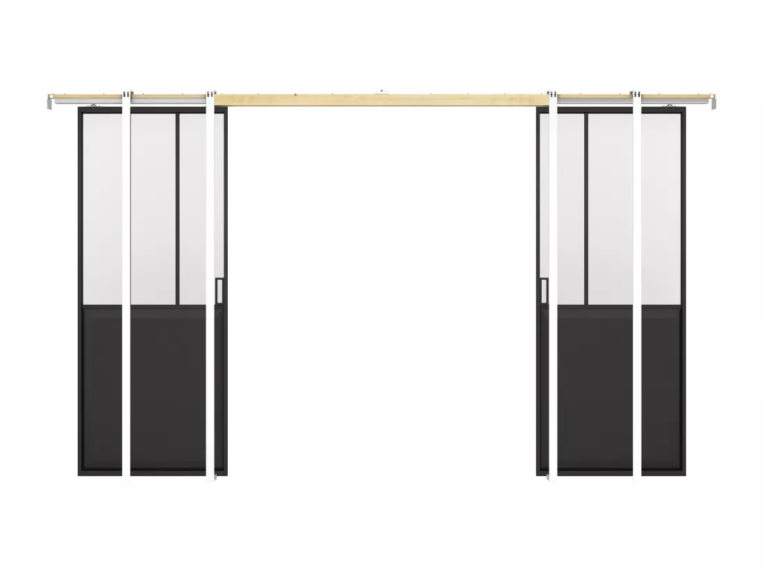 Porte coulissante double atelier avec système à galandage - Noir et verre trempé dépoli - 2 x H205 x L73 cm - ARTISTO II