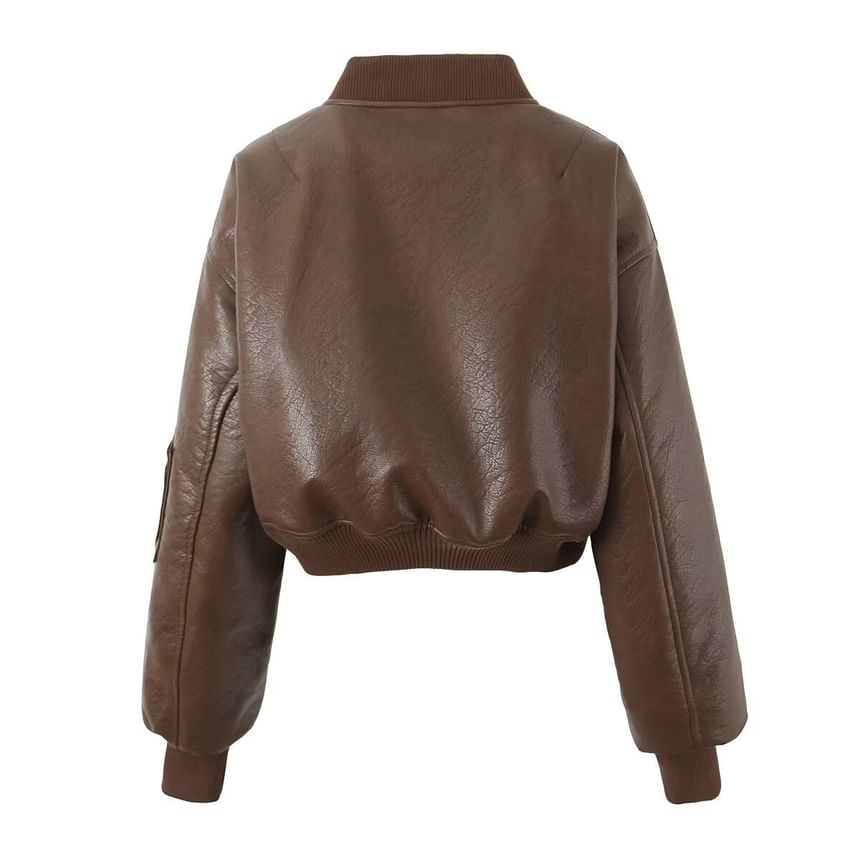Avauntgardo - Effen imitatieleren crop bomberjack met rits