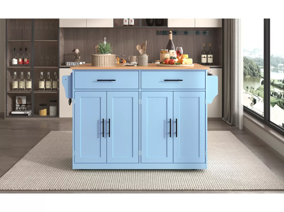 Ilot central de cuisine mobile avec 4 portes et 2 tiroirs - Plateau extensible - 120x46(70)x91 cm - Bois MDF - Bleu et naturel