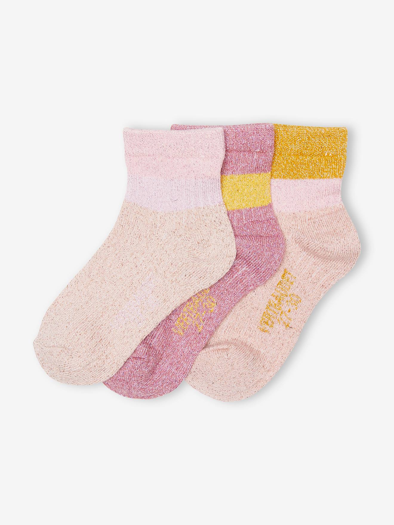 Pacote com 3 pares de meias caneladas tamanho médio, rosa antigo, para meninas.