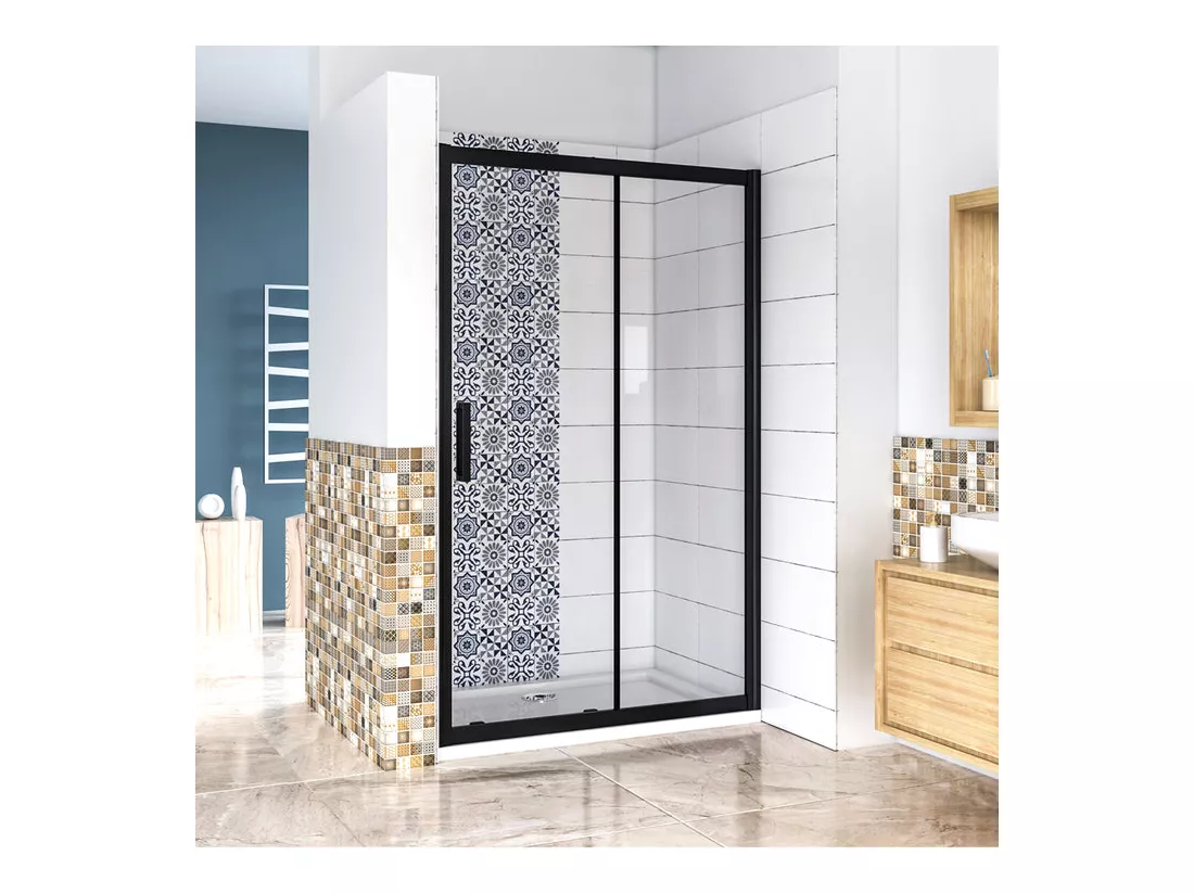 Porte de douche 140x195cm avec l'amortisseur - Noir Mat - Porte de douche coulissante en 8mm verre anticalcaire