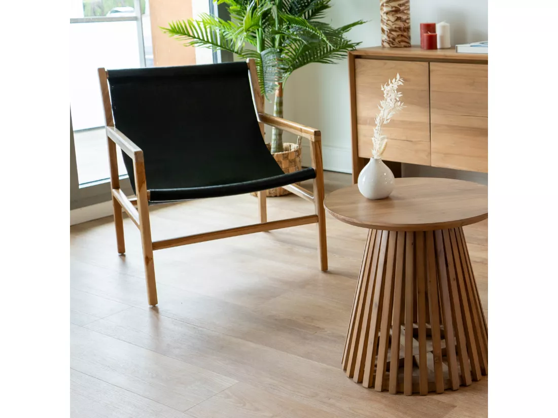 Fauteuil lounge en teck et cuir noir - Apache