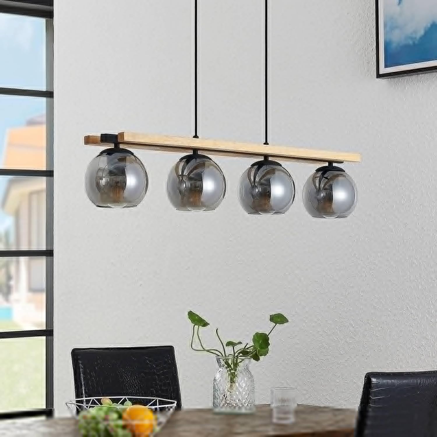 Lindby Esstisch Pendelleuchte Holz, Glas rauchgrau Hängeleuchte Rauchglas Esszimmer 4x E27 ohne Leuchtmittel Hängelampe Wohnzimmer Esszimmerlampe