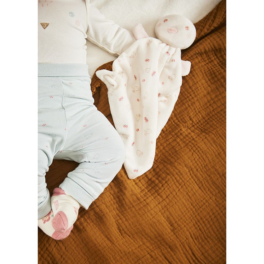Doudou mouchoir oiseau en velours pour bébé fille - Ecru