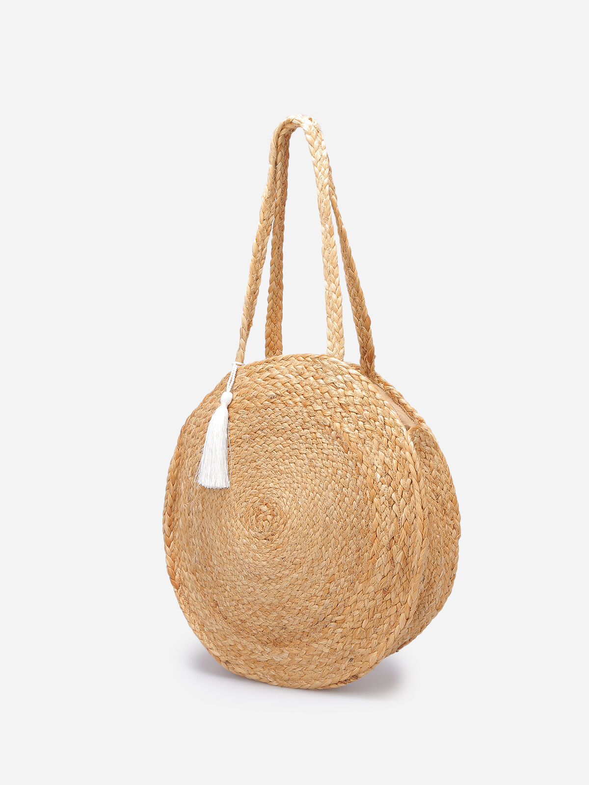 Sac rond tressé à pompon- Taupe