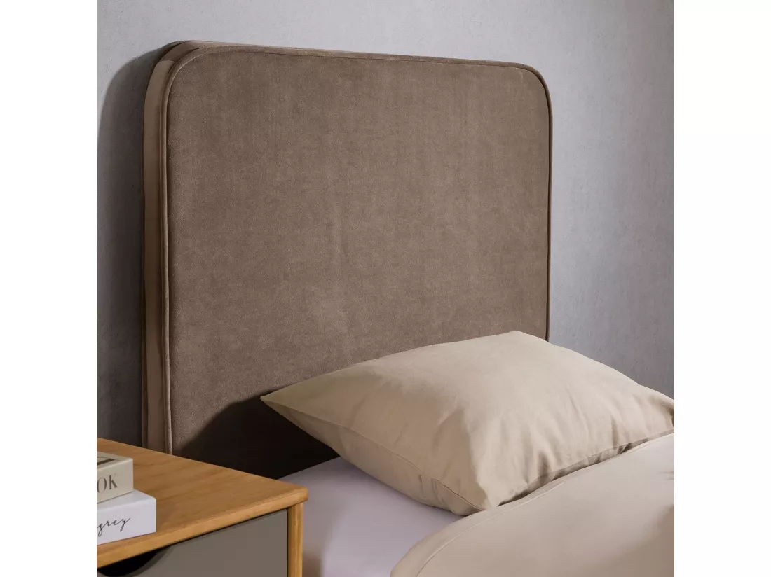 Tête de lit LUNAR 90, En tissu rembourré, Fixation murale Design arrondi moderne, Pour lit 90 cm ou moins, Grège