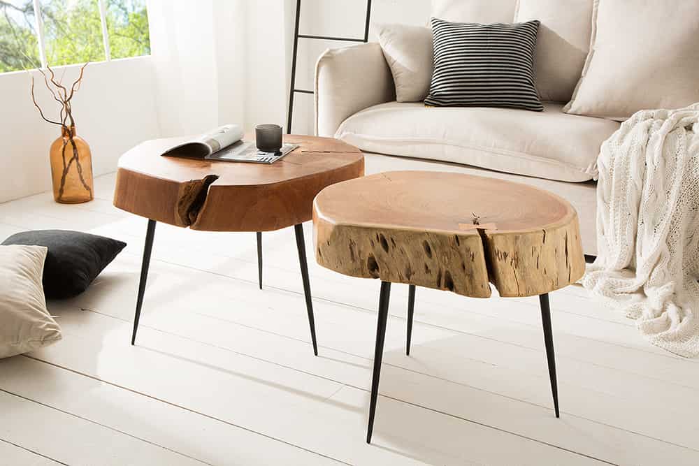 Runder Couchtisch GOA 60cm Akazie Massivholz Baumstamm schwarze Metallbeine