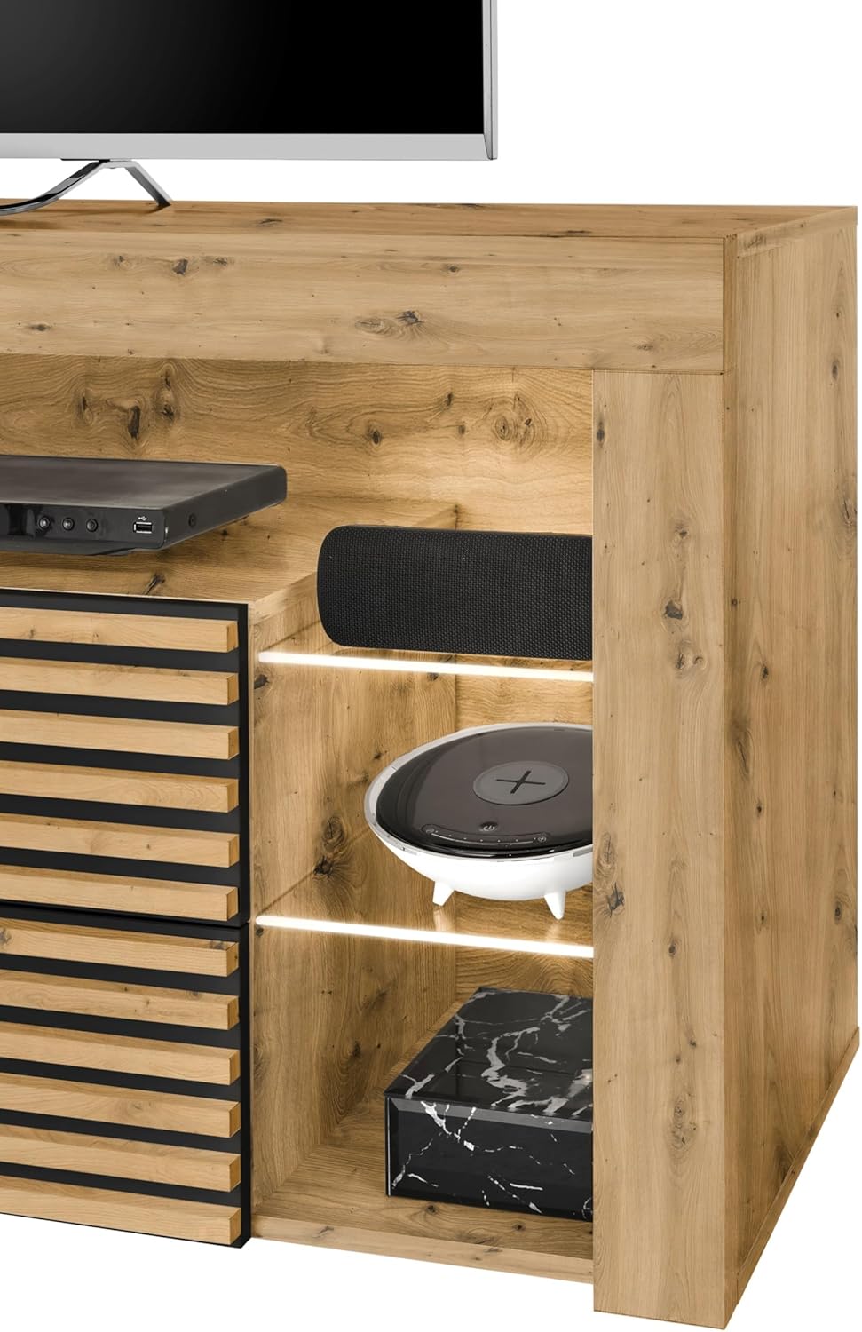 Goal 2 TV-Lowboard mit LED-Beleuchtung in Artisan Eiche Optik, Schwarz - TV Schrank mit viel Stauraum für Ihr Wohnzimmer - 179 x 67 x 44 cm (B/H/T)