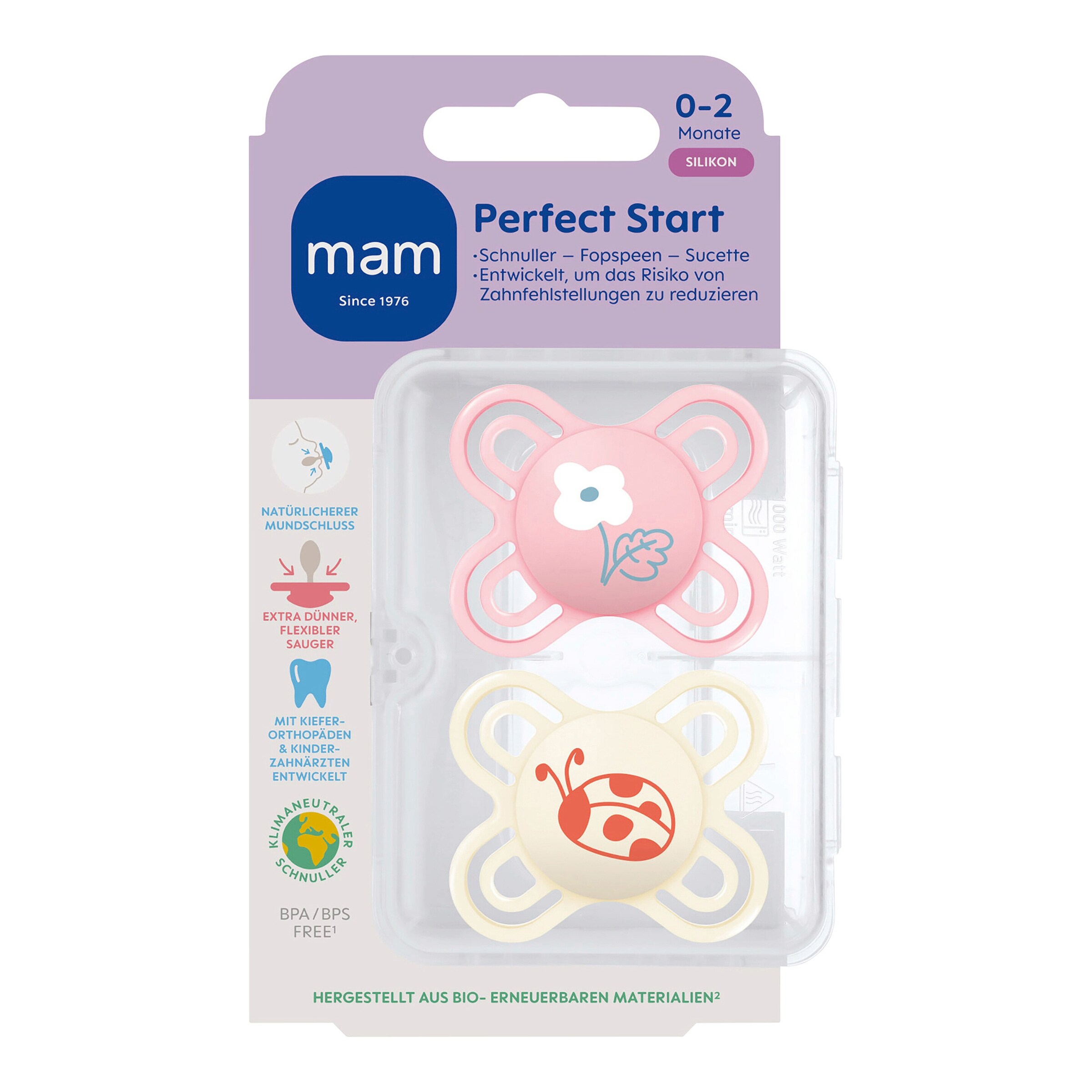 MAM 2er-Pack Schnuller Perfect Start Silikon, 0-2M rose