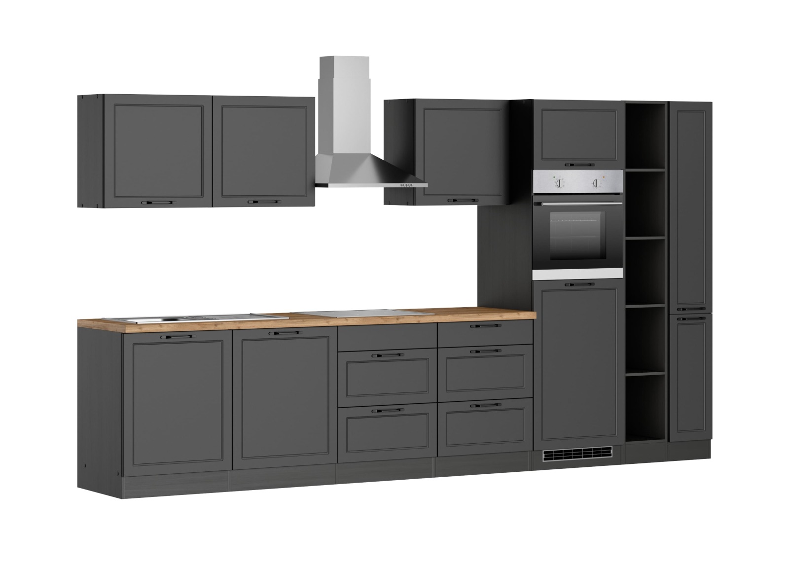 Küchenzeile MERAN - grau - Wotaneiche - mit E-Geräten - Induktionskochfeld - 360 cm