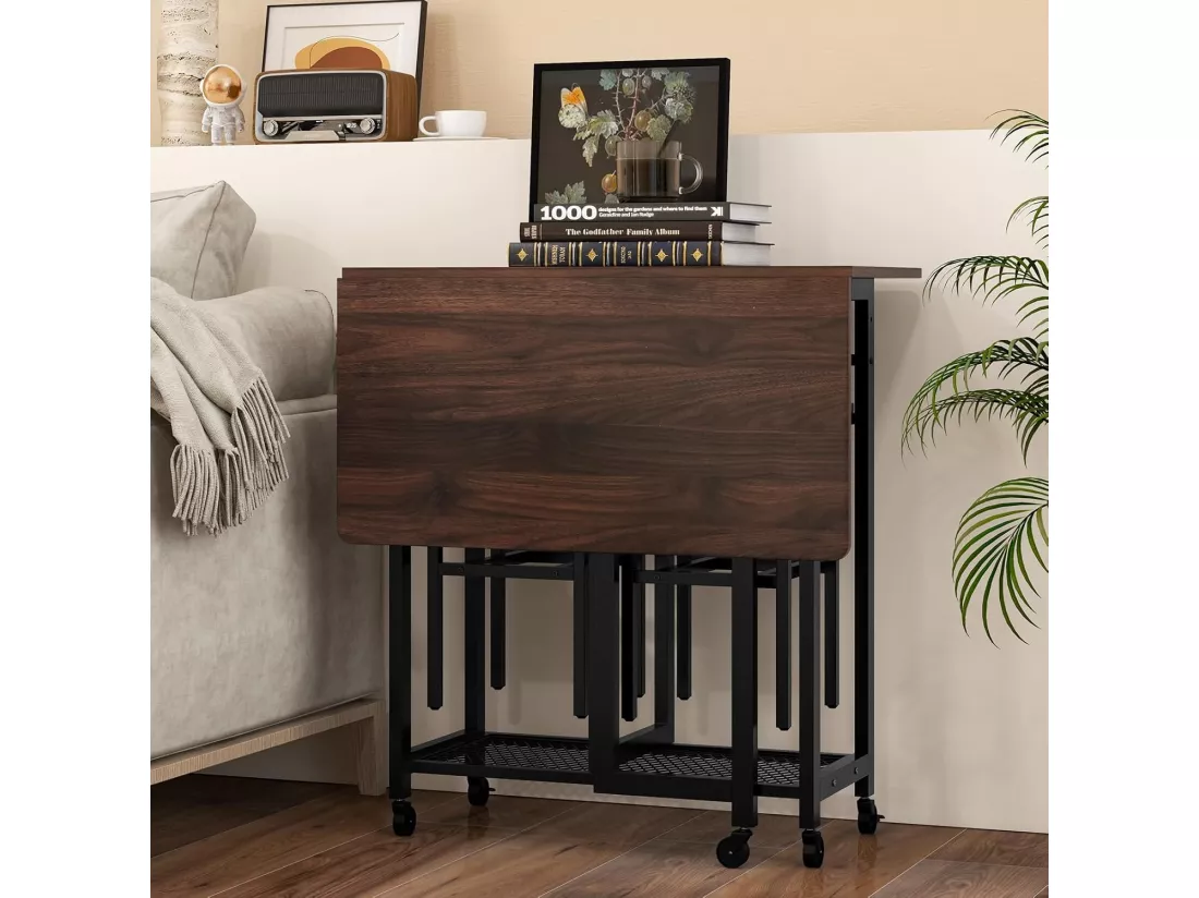 Table Pliante Interieur, Table Extensible avec 2 Tabourets, Desserte îlot Central Cuisine 39-74 cm à 5 roulettes, 2 Étagères, Porte-Bouteilles, Rallonge Rabattable, Design Compact(Marron)