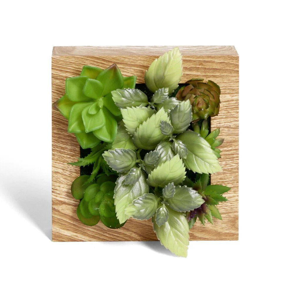 Plante artificielle décoration murale cadre bois naturel 20x20cm