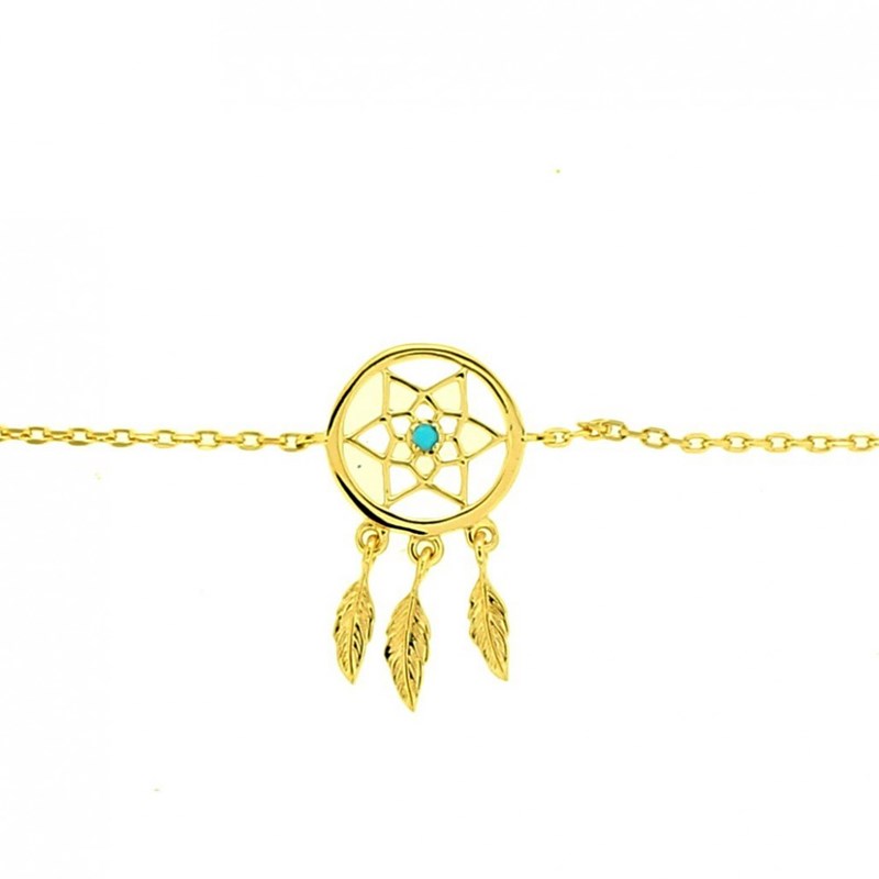 Bracelet Indien attrape rêves dreamcatcher en plaqué or 3 plumes - 18 cm