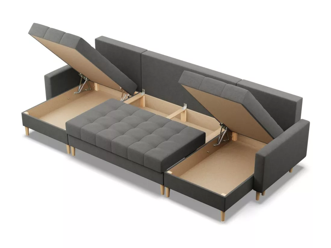 Canapé d'angle en U avec fonction sommeil, 2 méridiennes, Gris foncé