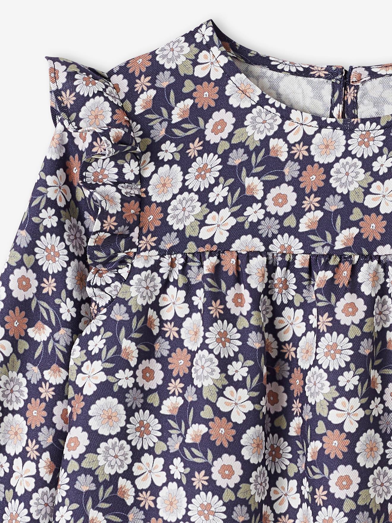 Vestido fluido com babados e motivos florais, para meninas, azul escuro
