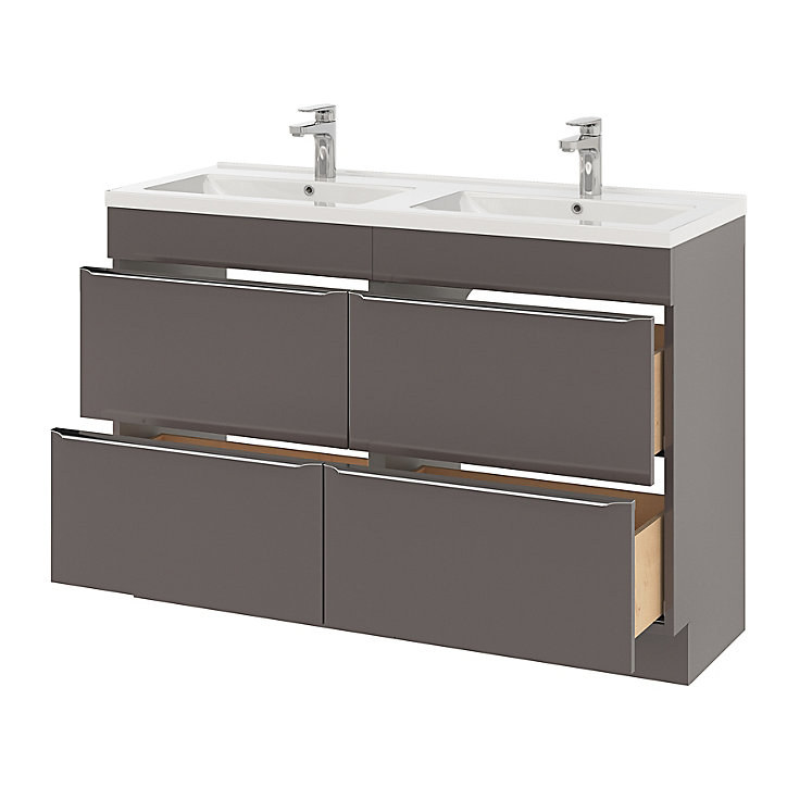 Ensemble salle de bains l.120 cm meuble à poser Imandra gris taupe brillant + plan double vasque céramique blanc