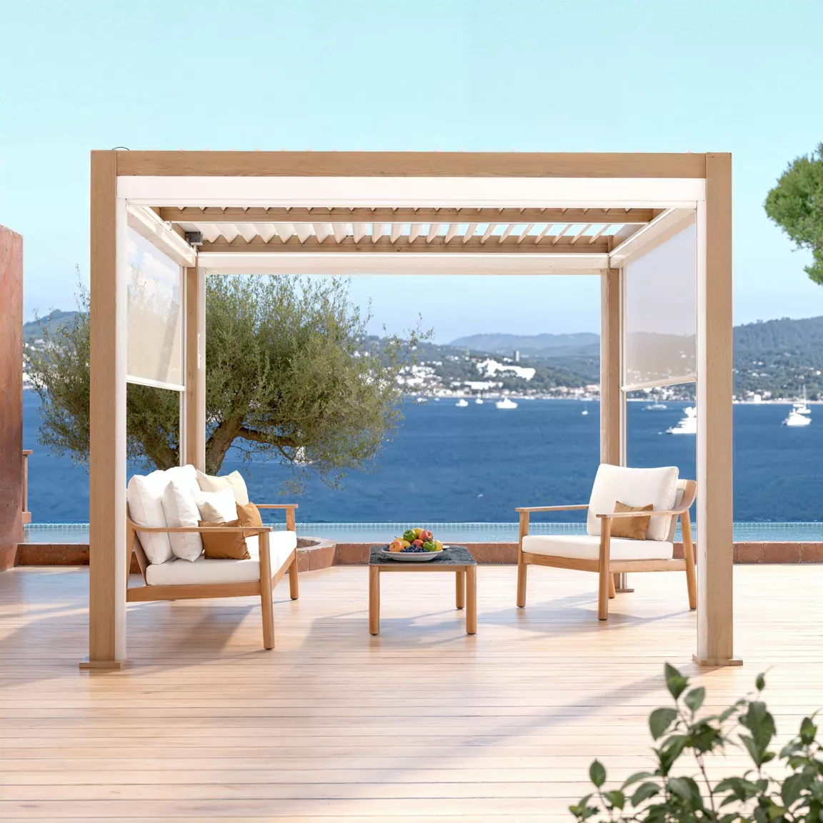 Pergola bioclimatique Autoportée motorisée aluminium et LED (3 x 3 m) Bois