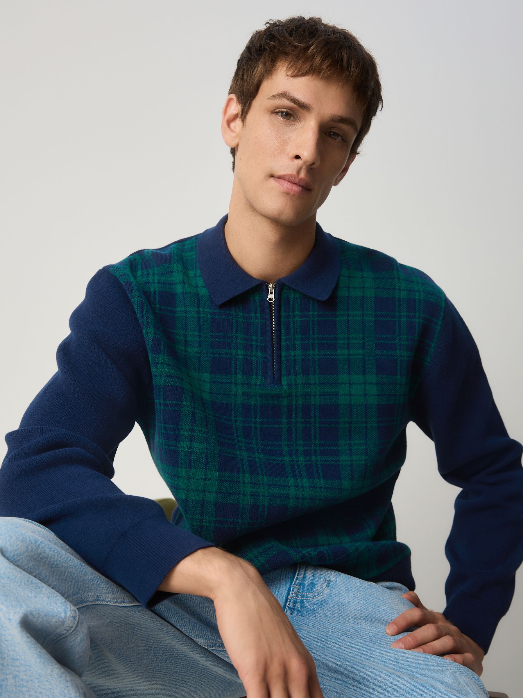 Blauw/Groen - Regular Fit Long Sleeve Knitted Check Quarter Zip Polo Shirt