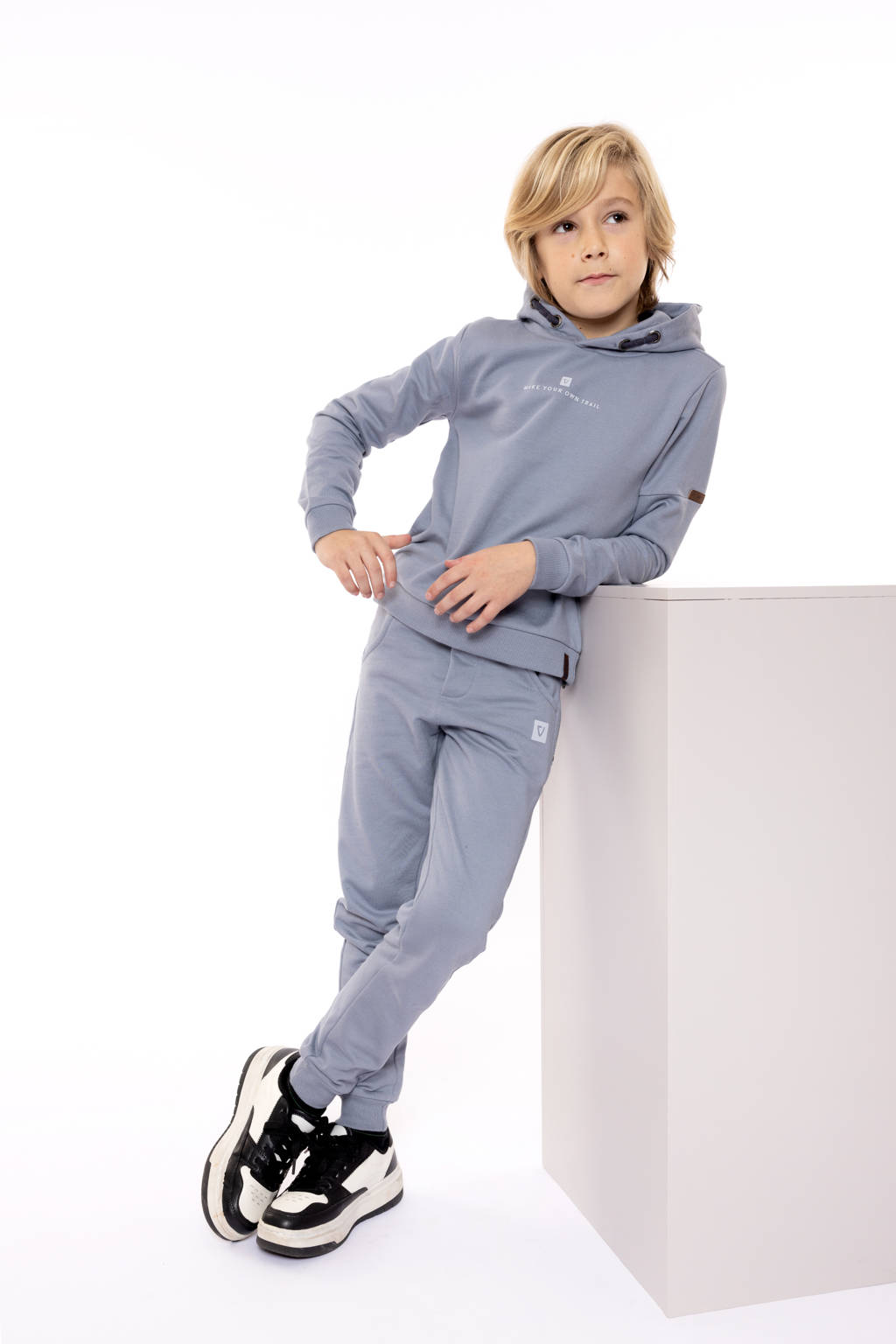 No Way Monday ribgebreide hoodie met backprint grijsblauw