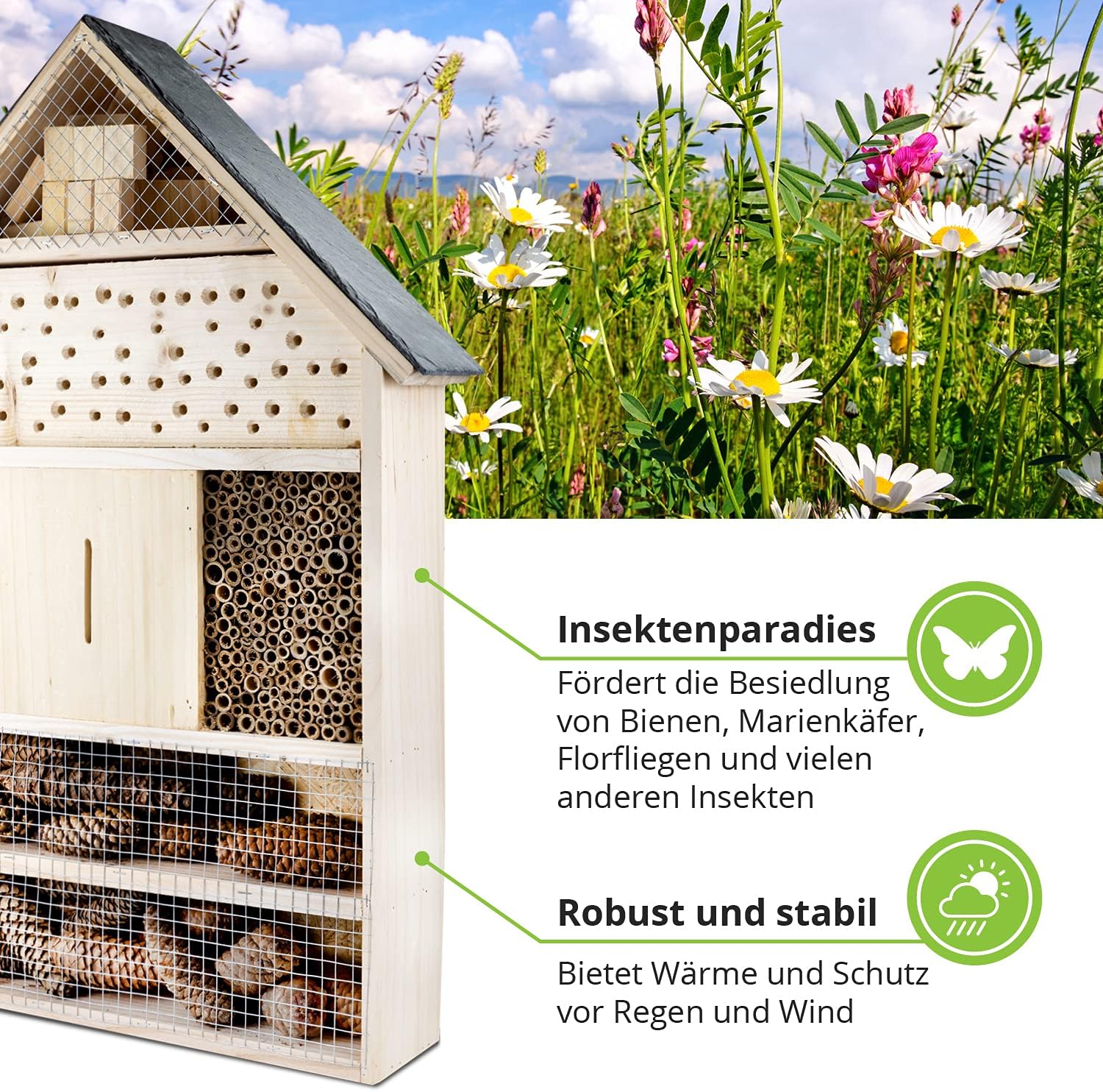 GARTENETAGE Insektenhotel XXL mit Schieferdach/Naturbelassenes, massives Insektenhaus & Bienenhotel/Insektenhotel zum Aufstellen mit Pfählen, witterungsbeständig/Marienkäferhaus, Schmetterlingshaus