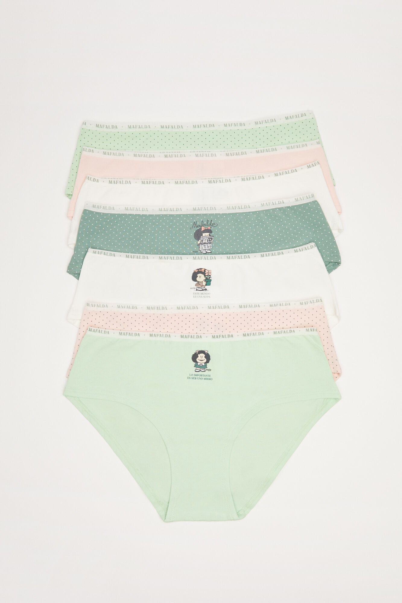 Pacote com 7 calcinhas largas de algodão Mafalda - verde