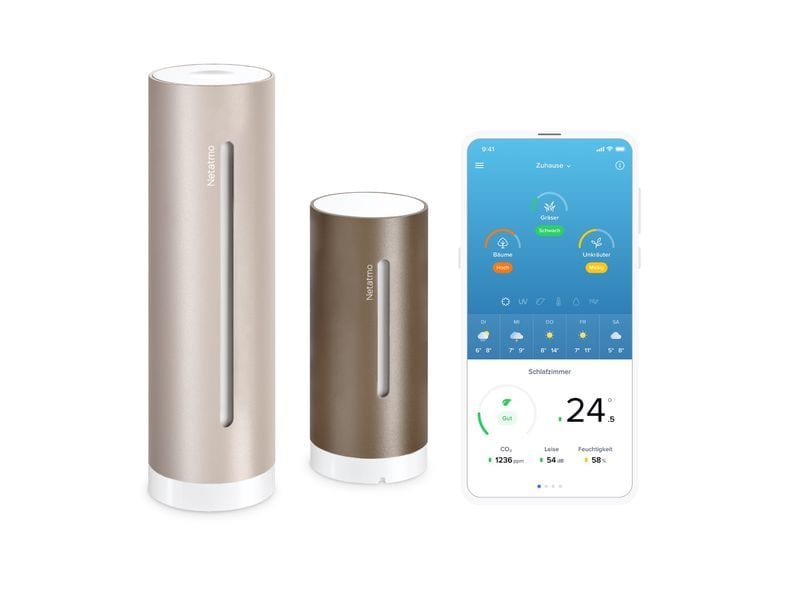 Netatmo Wetterstation ORIGINAL 2. Generation Sand Smarte Wetterstation mit Innen- & Aussensensoren für Echtzeit-Wettermessungen (Temperatur, Luftfeuchtigkeit, Luftqualität, UV-Index, Pollenflug, Wettervorhersage) kompatibel mit Apple Home, Alexa & Go