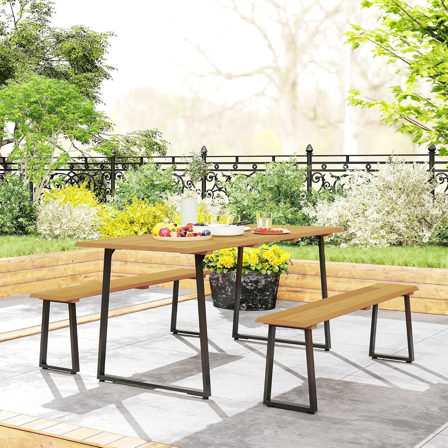 Outsunny Sitzgruppe 3-teilig Holz Essgruppe für 6 Personen Esstisch mit 2 Bänke Schirmloch Esszimmergruppe mit Holztisch Küchentisch-Set Balkonmöbel Gartenmöbel für Terrasse, Balkon Naturholz