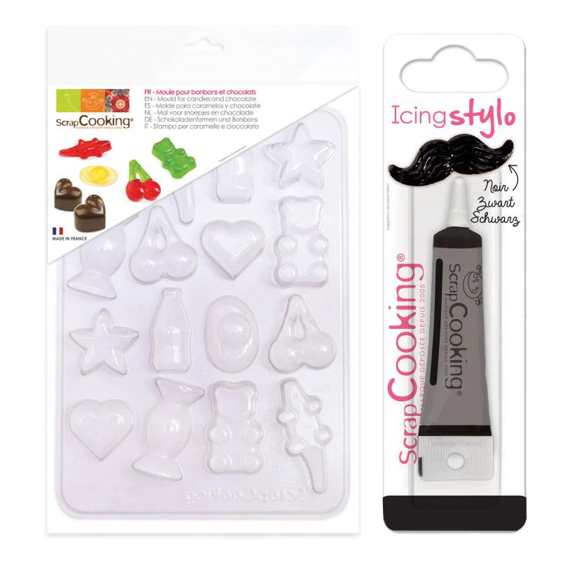Moule en plastique pour bonbons et chocolats + Stylo de glaçage noir S