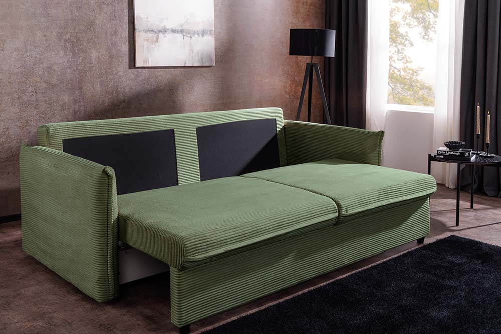 Design Schlafsofa APARTMENT 215cm grün Cord 3-Sitzer Couch inkl. Bettkasten Kissen