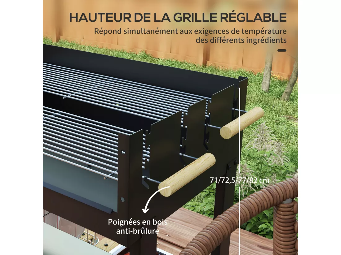 Barbecue à charbon sur pied double grille réglable 2 roues 2 étagères noir