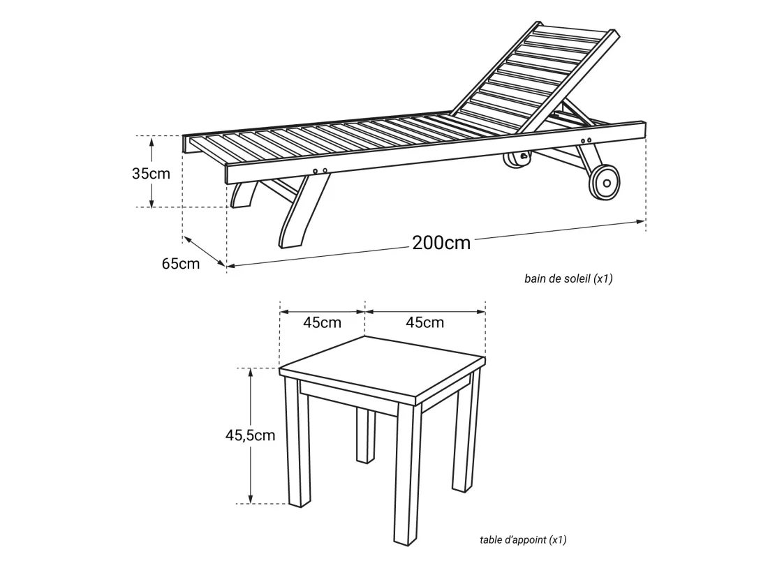 Ensemble bain de soleil droit en teck avec table d'appoint JAVA - HAPPY GARDEN