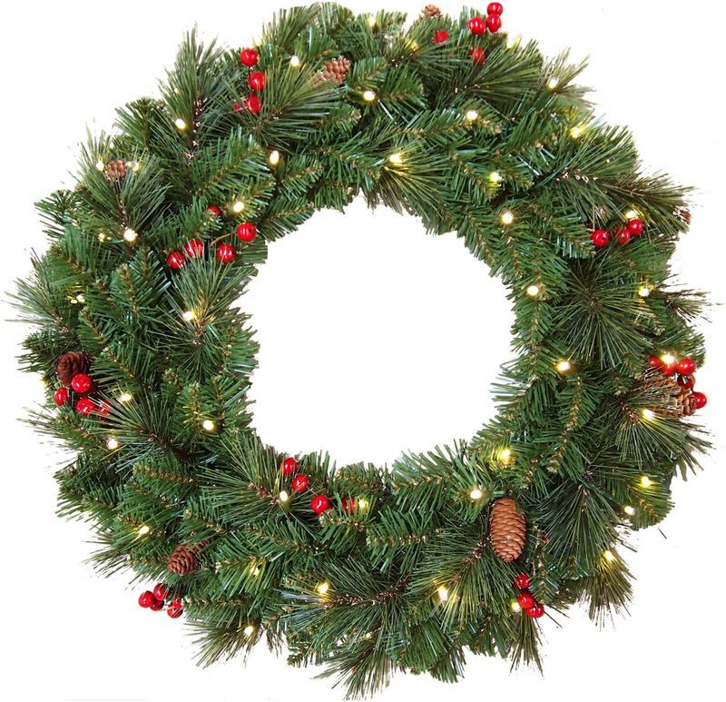 Kerstkrans - Donkergroen - 50 LED Lampjes - Met Rode Bessen