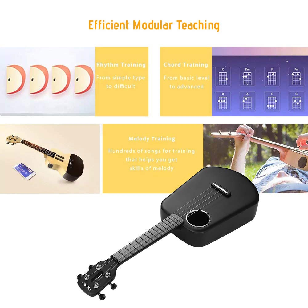 Populele 2 Smarte Bluetooth Ukulele Gitarre (61cm) mit LED Display System und App Steuerung (iOS / Android) - Schwarz