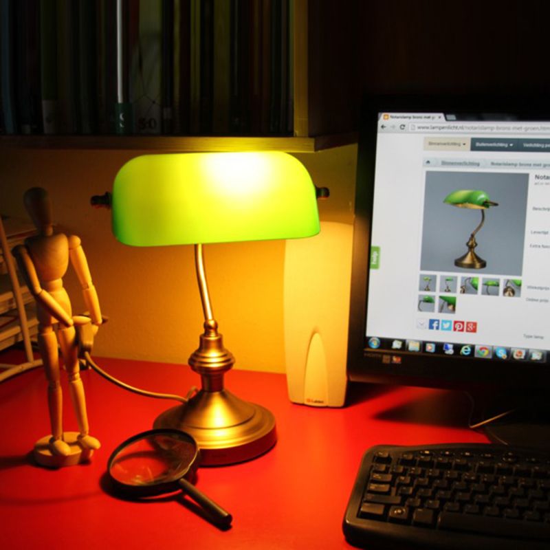 Klassieke tafellamp/notarislamp brons met groen glas - Banker