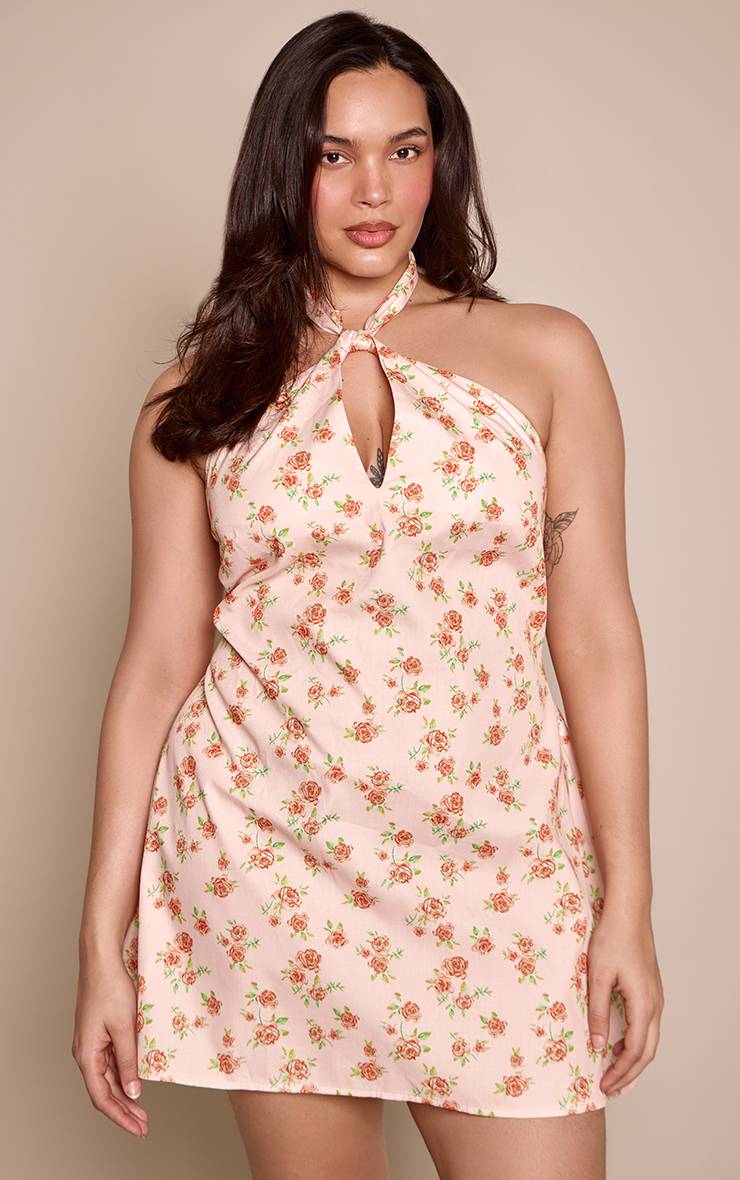 Orange Robe Droite Grande Taille À Imprimé Fleuri Ditsy Et Col Licou