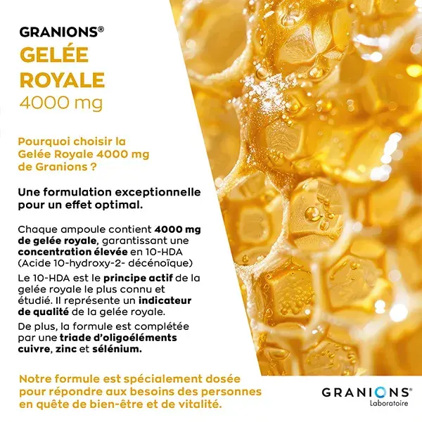 Geleia Real Granions 4000 mg, Reforça a Imunidade, Antifadiga - 10 Ampolas