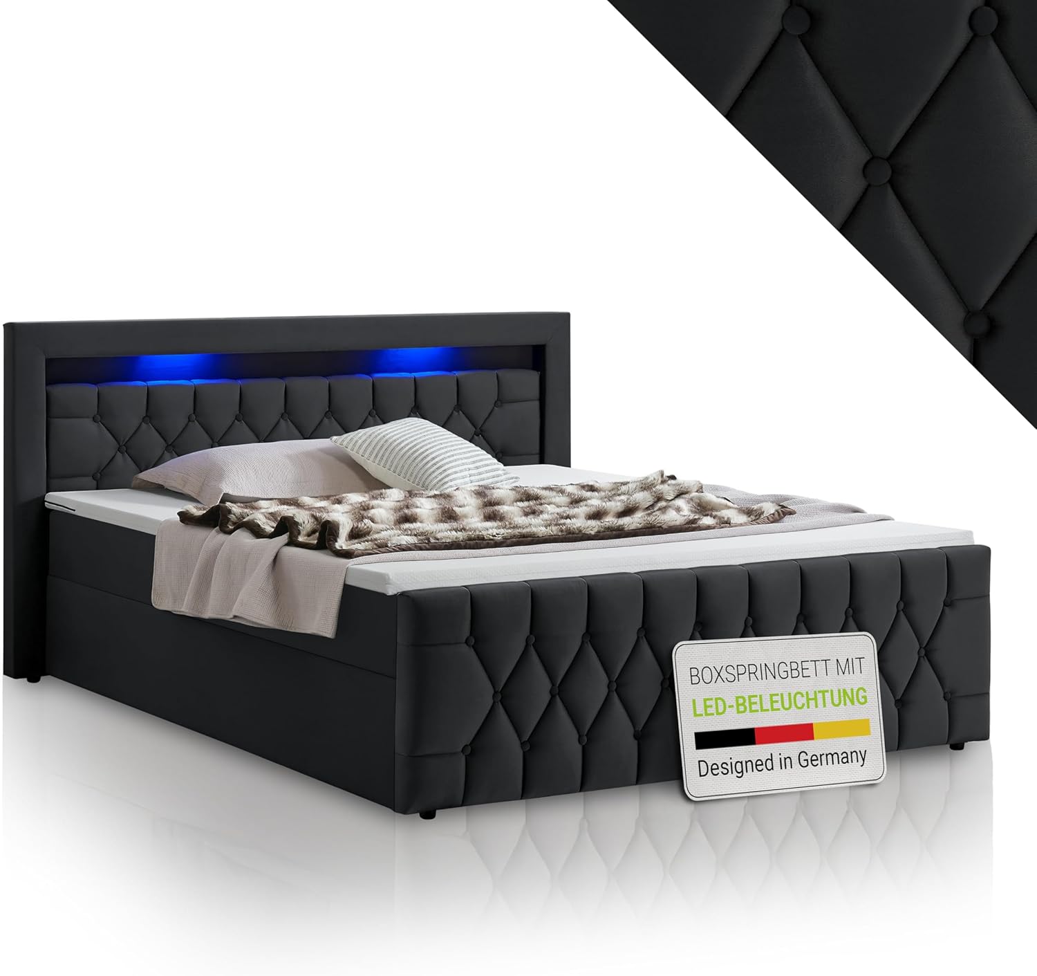 Juskys Boxspringbett Leona 180x200 cm - Bett mit LED Beleuchtung, Topper & H4 Federkern Matratzen - Einzelbett Schwarz mit Samt und Steppung