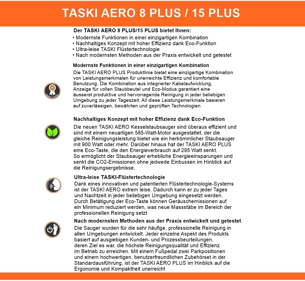 JaTop Staubsauger Kesselsauger TASKI Aero 15 Plus Euro,Grau Orange, Flüstermotor inkl Duft & 5 kompatible Staubsaugerbeutel