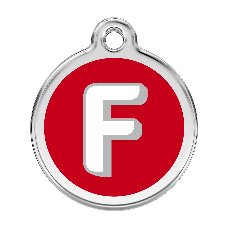 Placa de identificação para cães em aço inoxidável esmaltado com a letra F do alfabeto, vermelha.