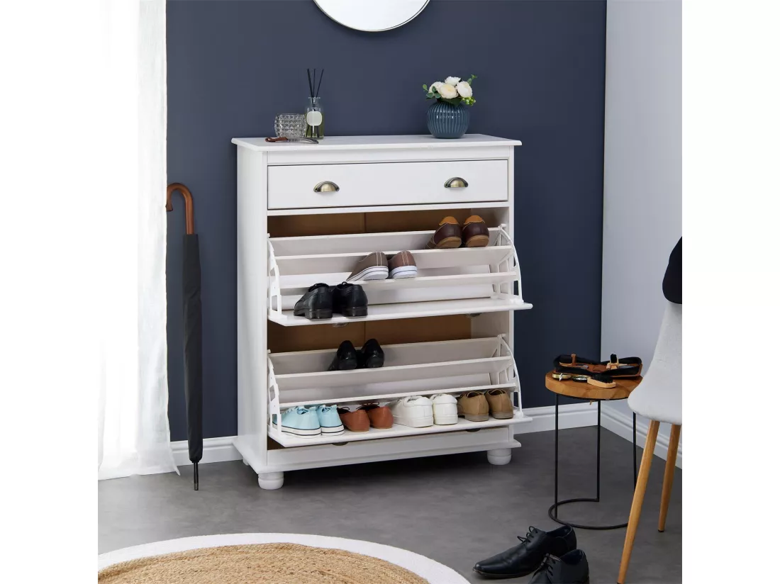 Meuble à chaussures COLMAR armoire rangement avec 2 abattants et 1 tiroir, en pin massif lasuré blanc