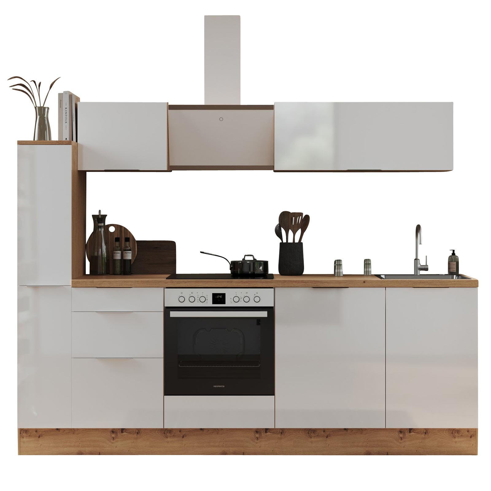 RESPEKTA Küchenblock - weiß Hochglanz - Artisan Eiche - mit E-Geräten - 250 cm