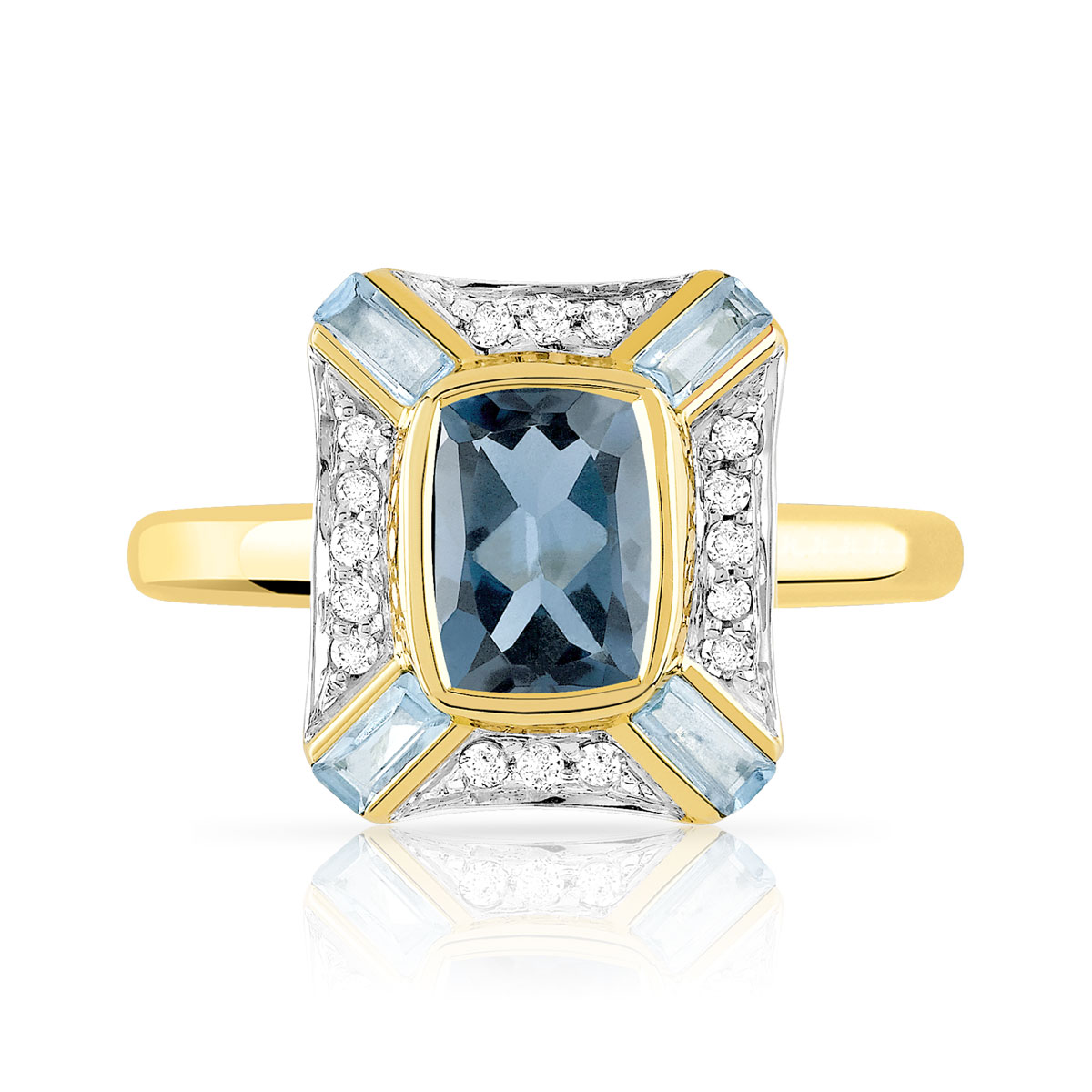 Bague or 375 2 tons topaze london blue rectangulaire et bleues traitées et diamants